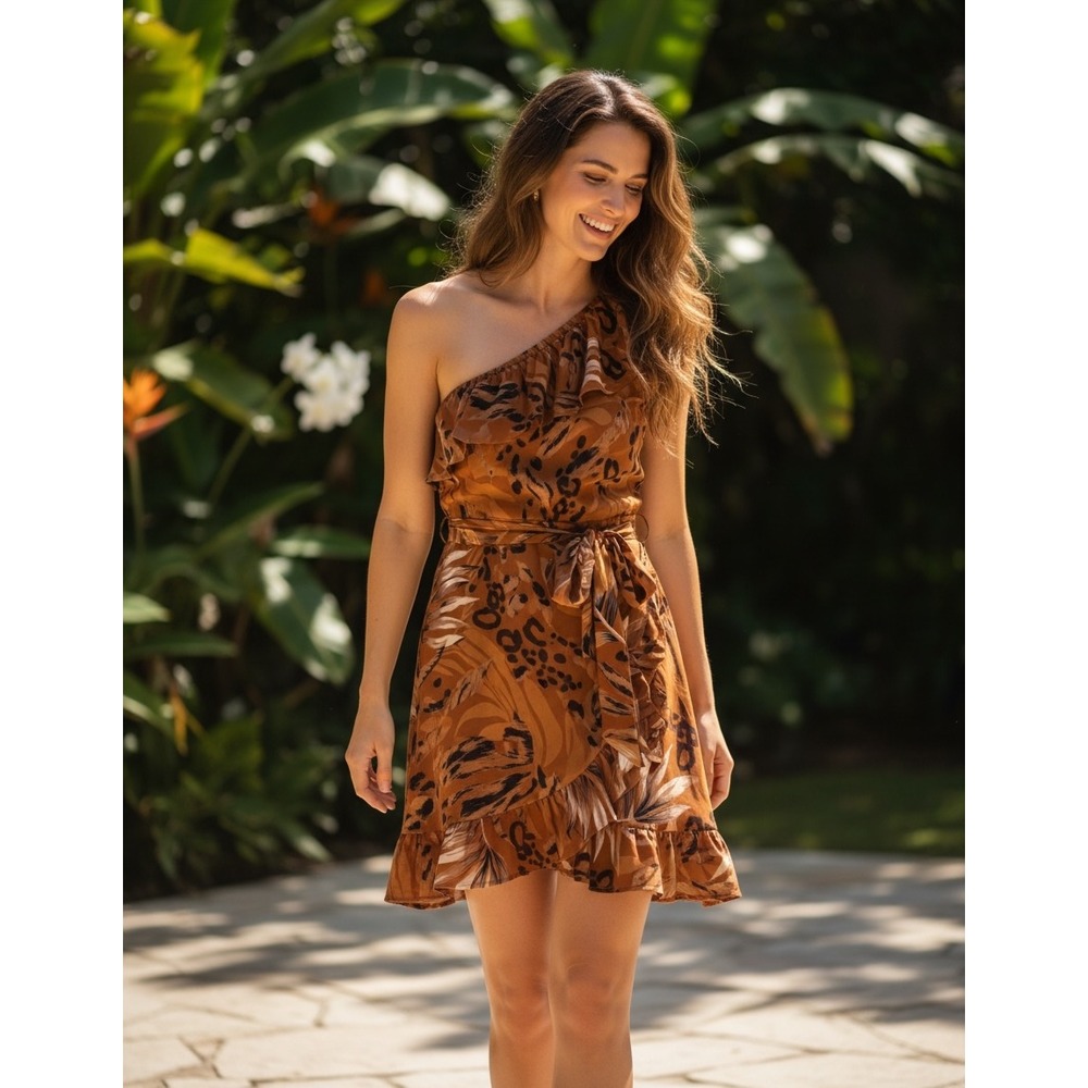 One Shoulder Tropical Leopard Print‎ Ruffle Mini Dress Rust Brown Orange
